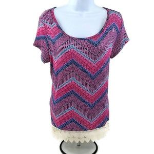 Hippie Rose Women's Short Sleeve Top Chevron Print Laced Bottom Shirt Size Large